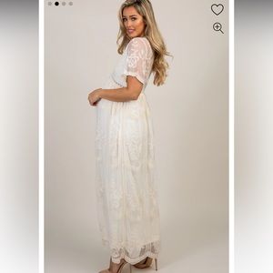 PinkBlush Cream Lace Mesh Overlay Maternity Maxi Dress